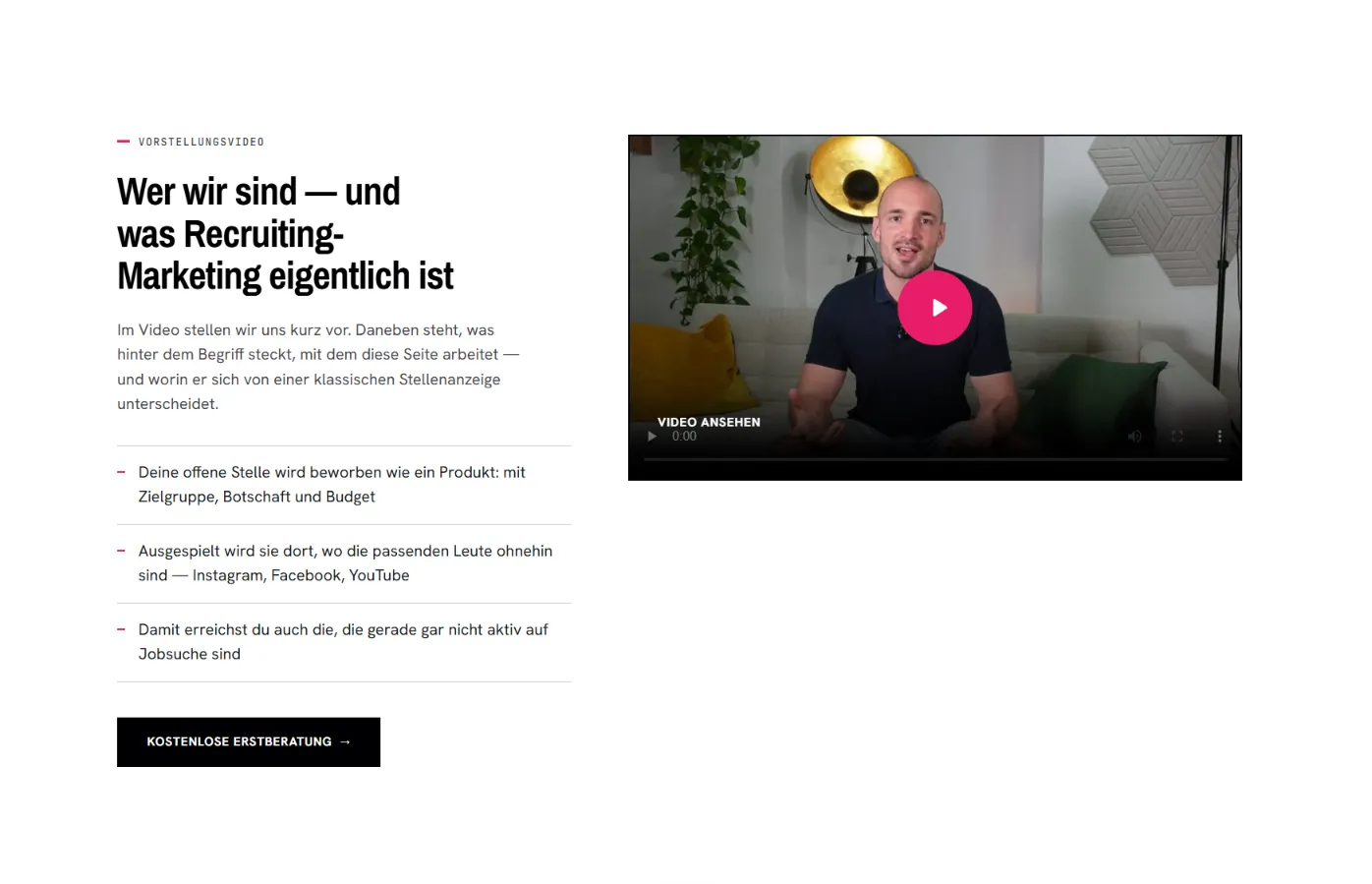 The intro video section of the Daily Marketing website: a heading and three short points on recruiting marketing beside a video with a play button, and a free-consultation button below.