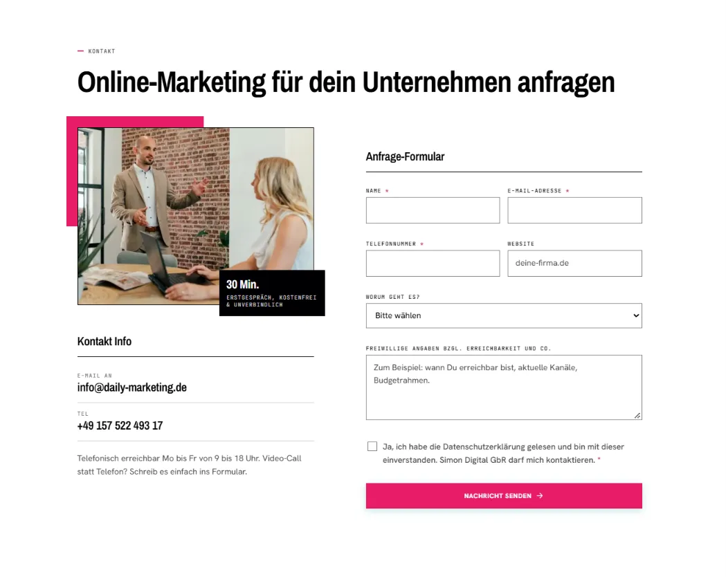 The contact section of the Daily Marketing website: a photo with a "30 Min." free first-call badge, the email address and phone number, and an inquiry form beside them.