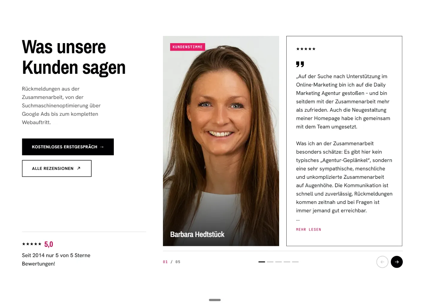The testimonials section of the Daily Marketing website: a client's portrait and quote, a 5.0 star rating and arrows to step through five reviews.