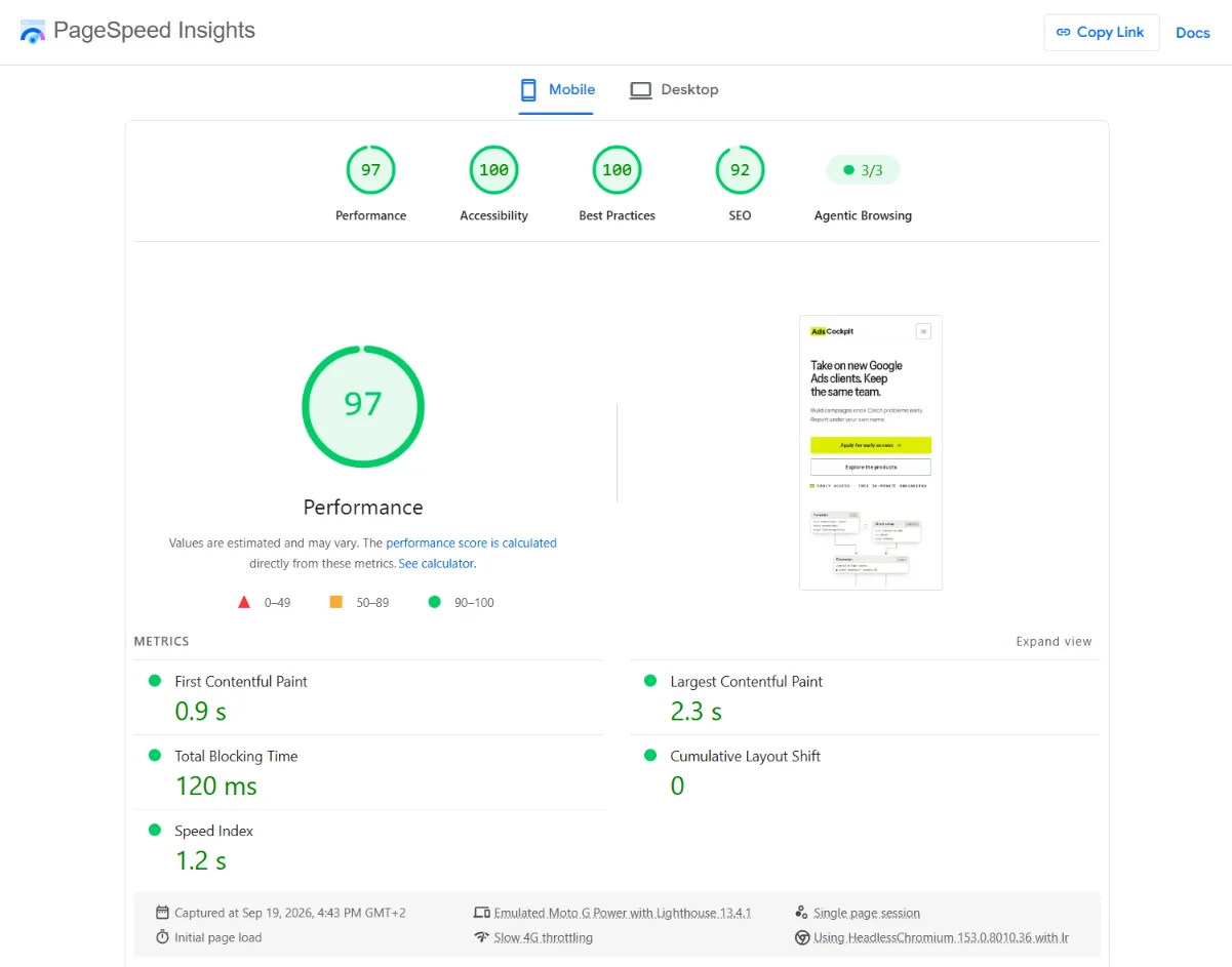 PageSpeed Insights mobile result for the AdsCockpit website: Performance 97, Accessibility 100, Best Practices 100, SEO 92.