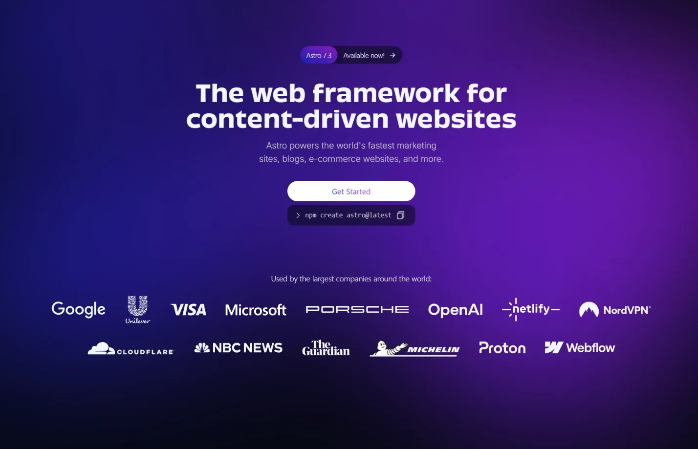 The Astro homepage, the web framework Multisite's sites are built on: "The web framework for content-driven websites".